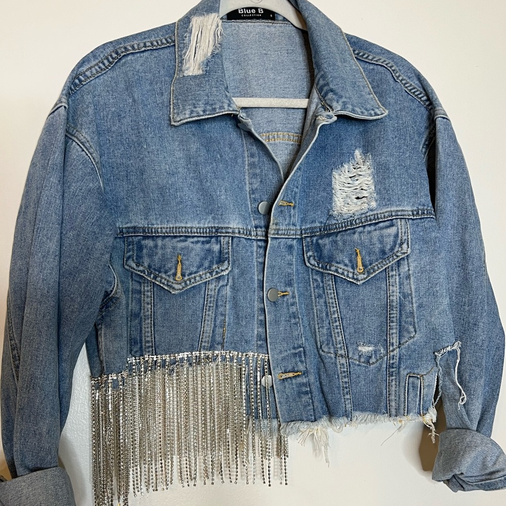 Oversized Denim Jacket with Rhinestone Embellishment